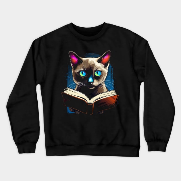 Siamese Cat Reads Book Crewneck Sweatshirt by JH Mart